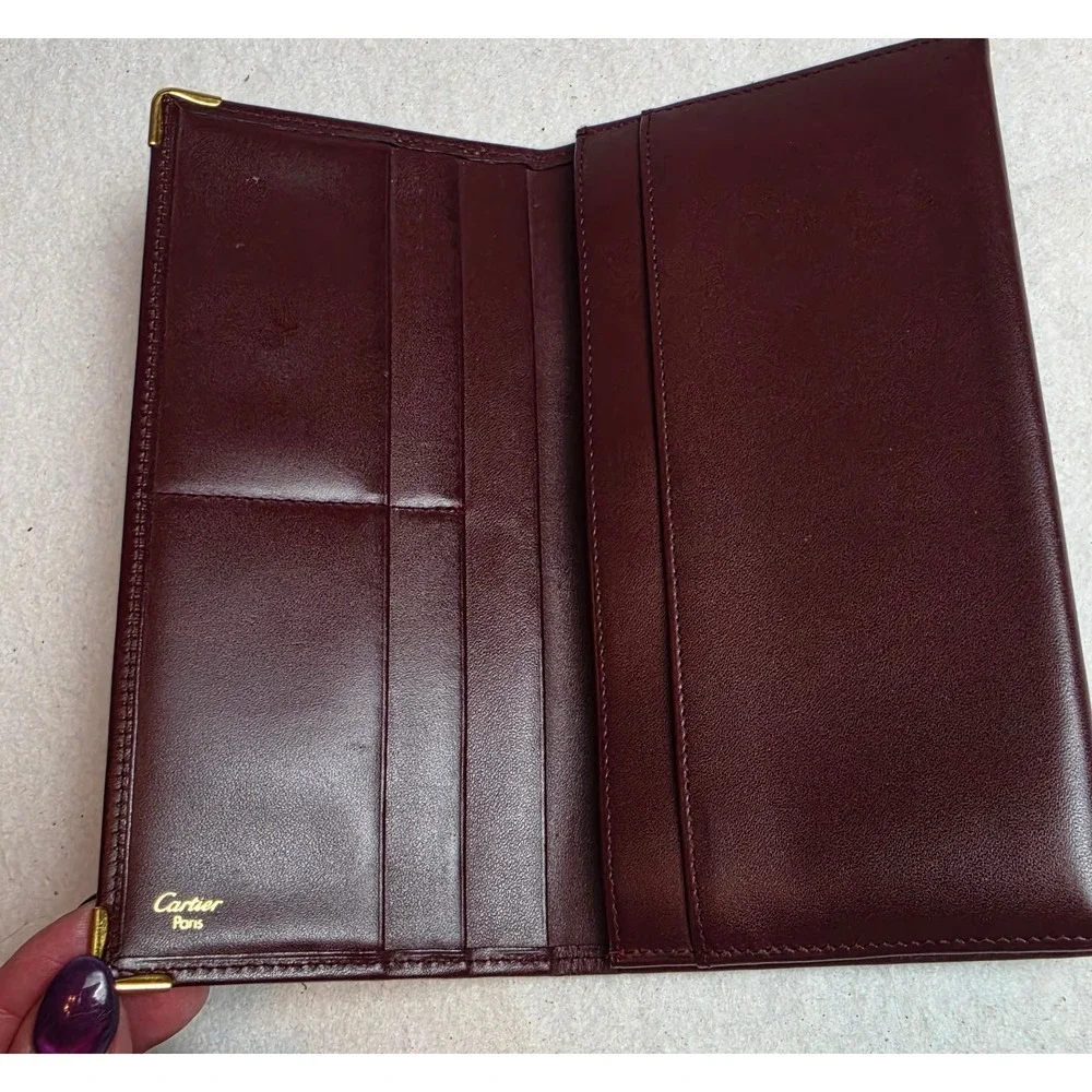 Vintage Must de Cartier Bordeaux Leather Long Flap Wallet Gold Corners Italy 114
